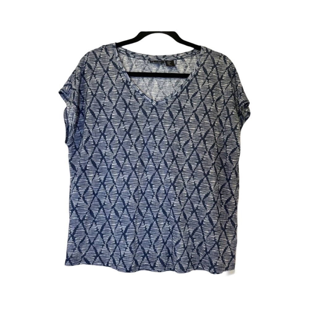Tahari V-Neck Blue Geometric Print Lightweight Linen Top NWT Size M